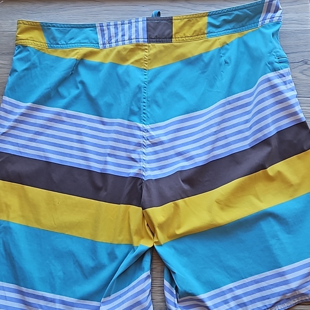 Patagonia Teal Yellow Striped Colorblock Wayfarer Swim Trunks Board Shorts 40 - Picture 9 of 9